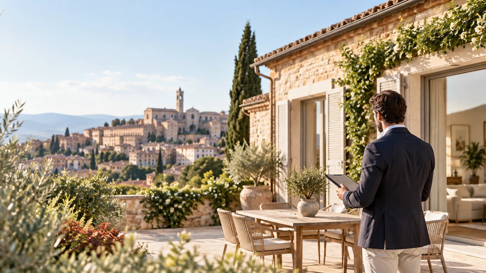 Consulente immobiliare su una terrazza con vista su un borgo umbro