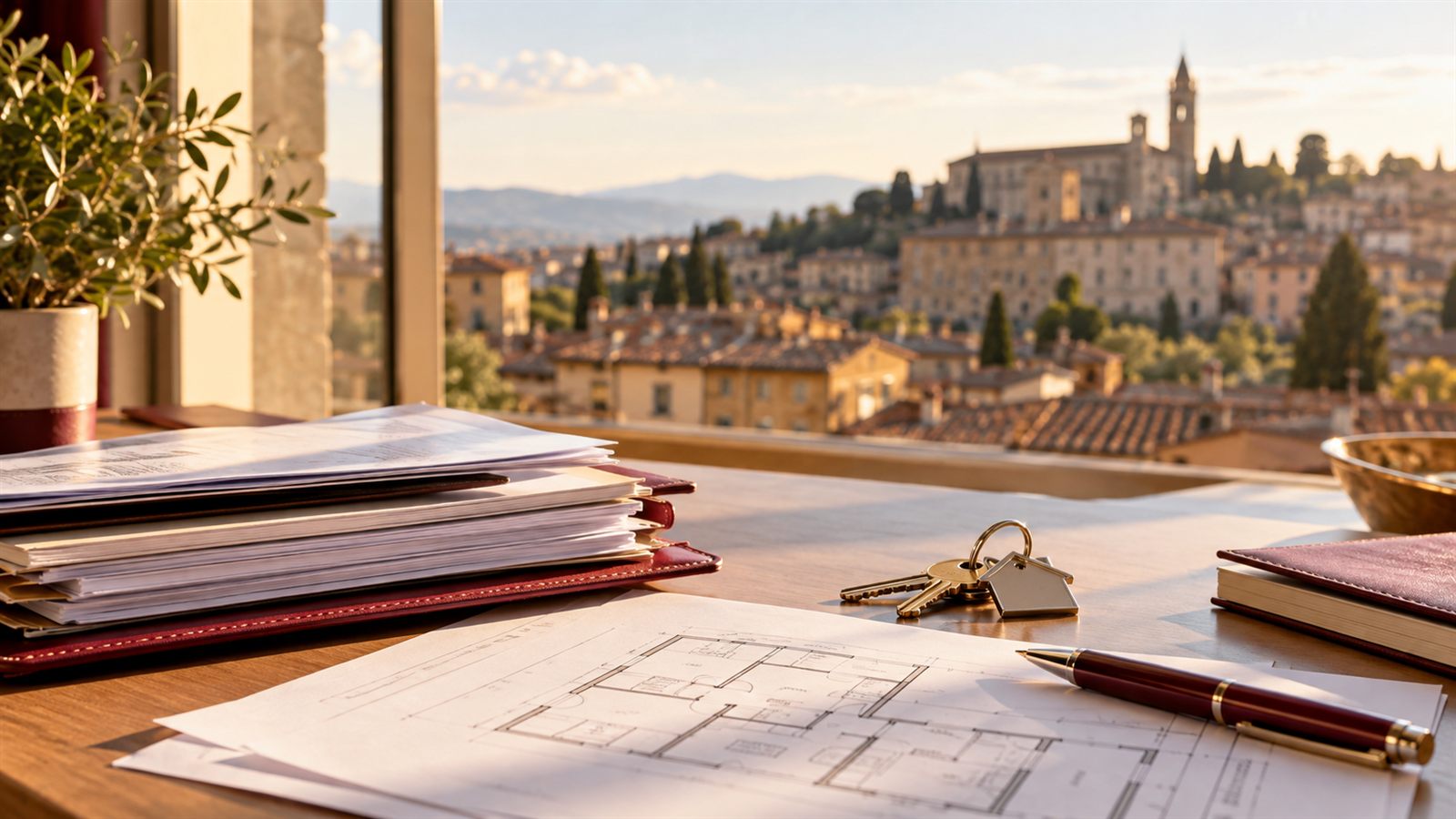 Documenti per la vendita di una casa, planimetria e chiavi su una scrivania con vista sui tetti di Perugia